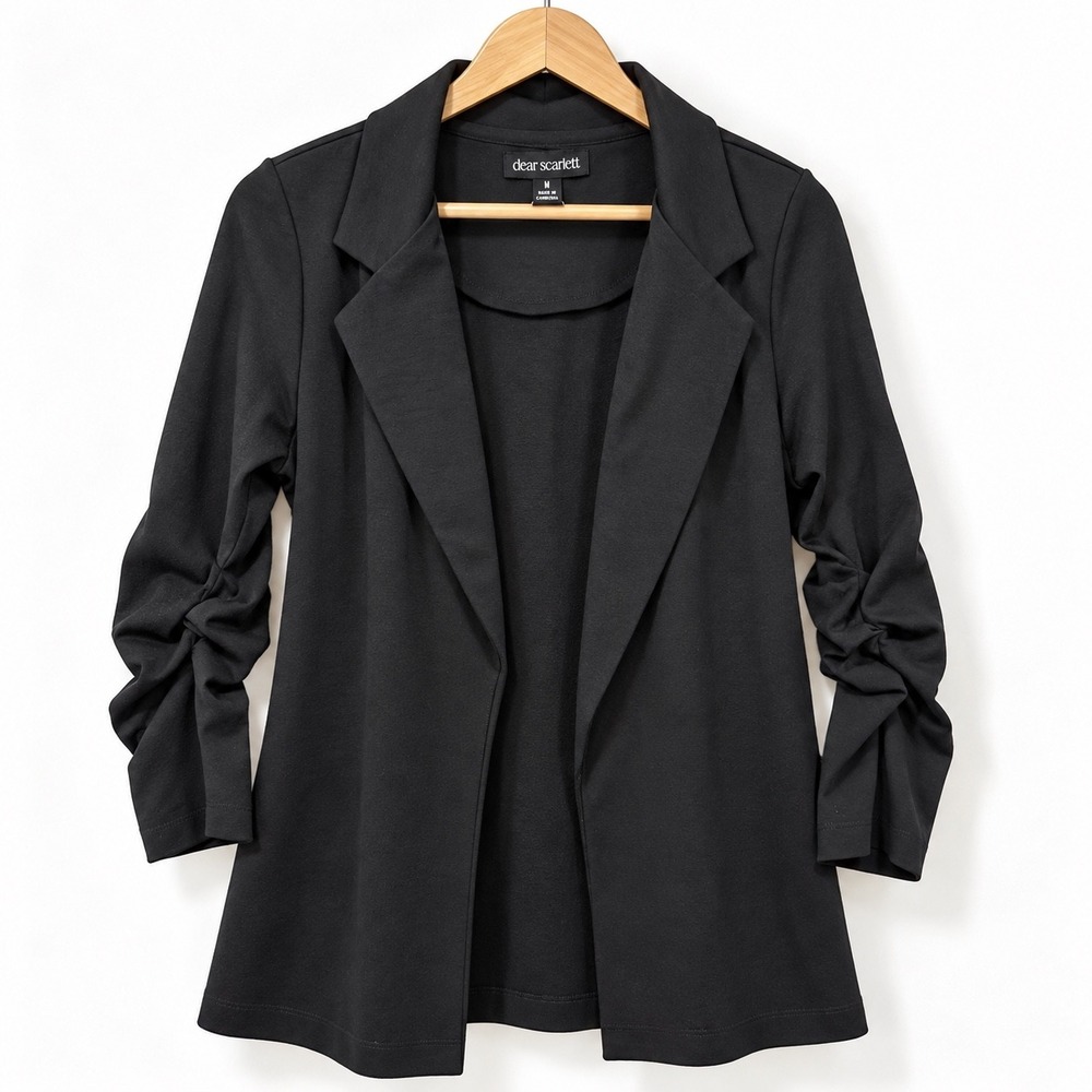 Dear Scarlett Black Open Front Blazer Cinched 3/4 Sleeve Knit Jacket Medium